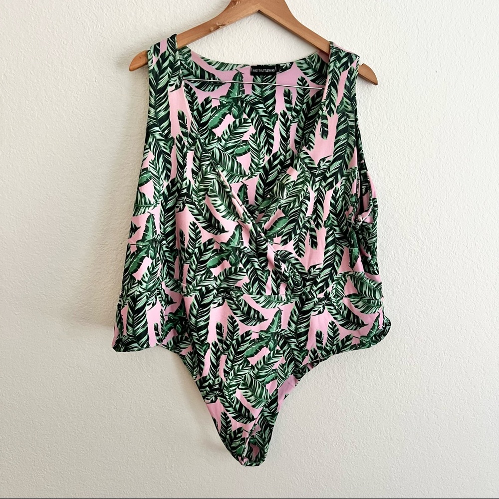 Prettylittlething Pink Palm Leaf Print Bodysuit Sz 22